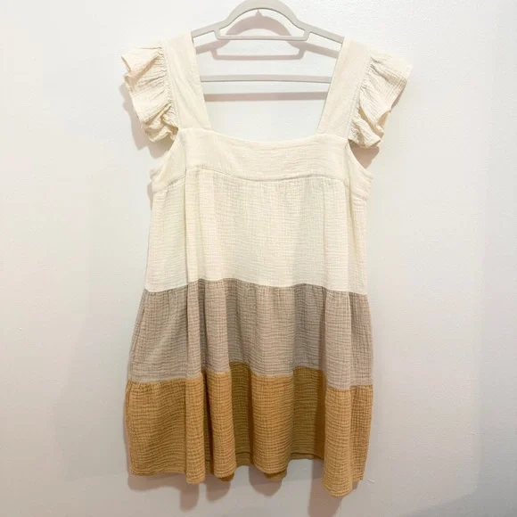 Entro Gauze Colorblock Tiered Mini Dress L Pockets Boho - Picture 2 of 9